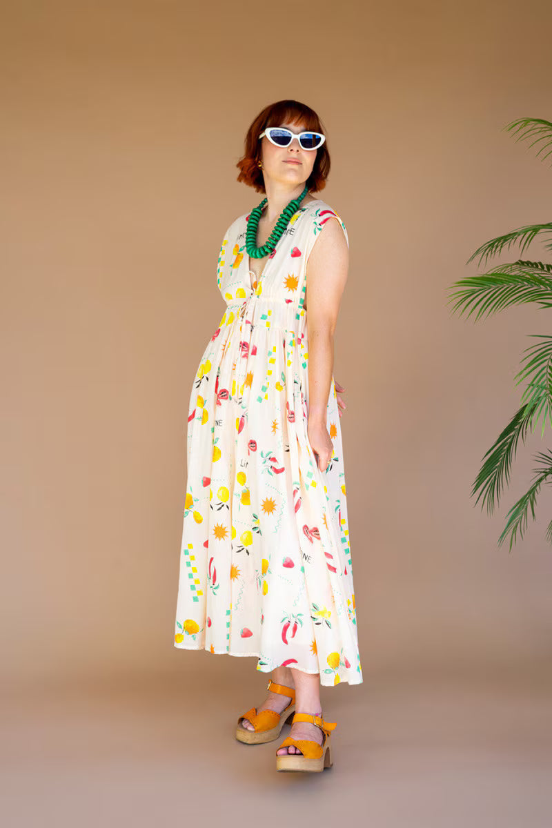 Limone Print Dress with Tie in Front