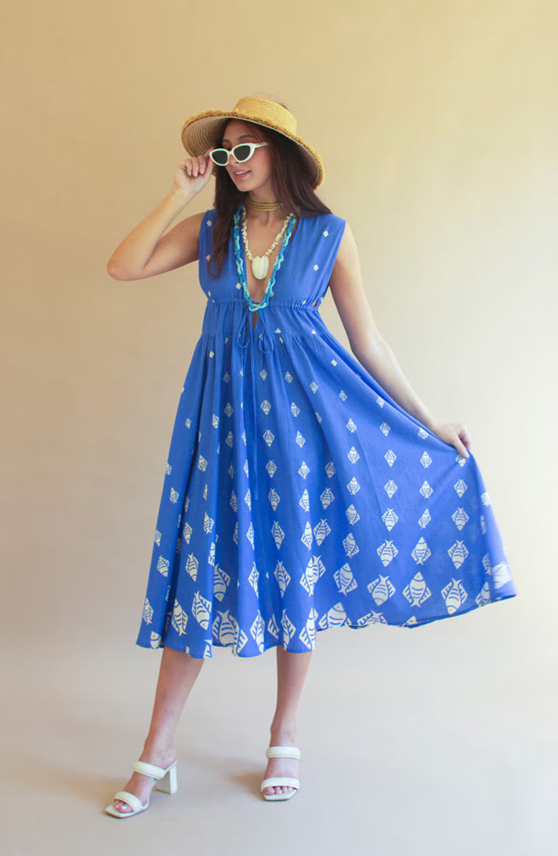 Fish Print Dress with Tie in Front