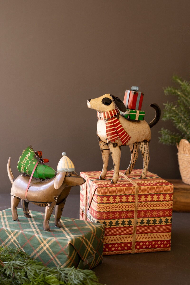 Set of 2 Recycled Metal Christmas Dogs
