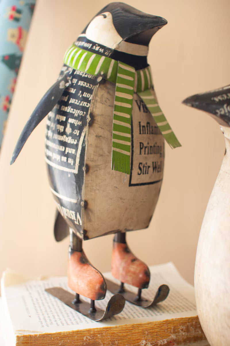 Set of 2 Recycled Metal Skating Christmas Penguins
