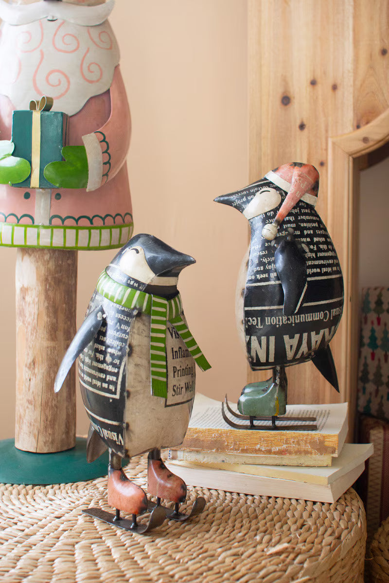 Set of 2 Recycled Metal Skating Christmas Penguins