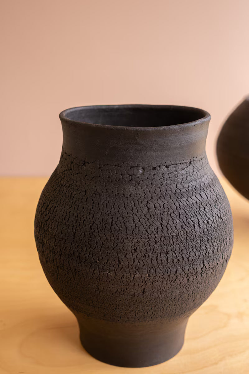 Set of 2 Black Clay Vases with Crackle Detail