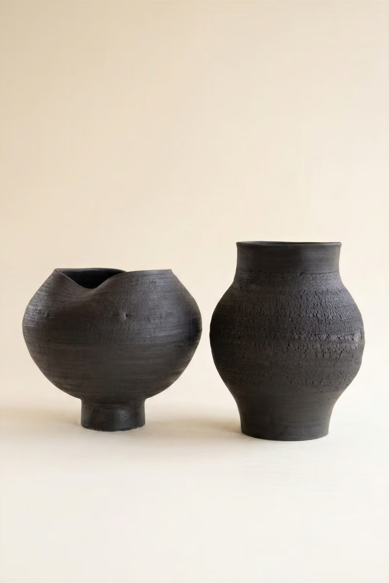 Set of 2 Black Clay Vases with Crackle Detail