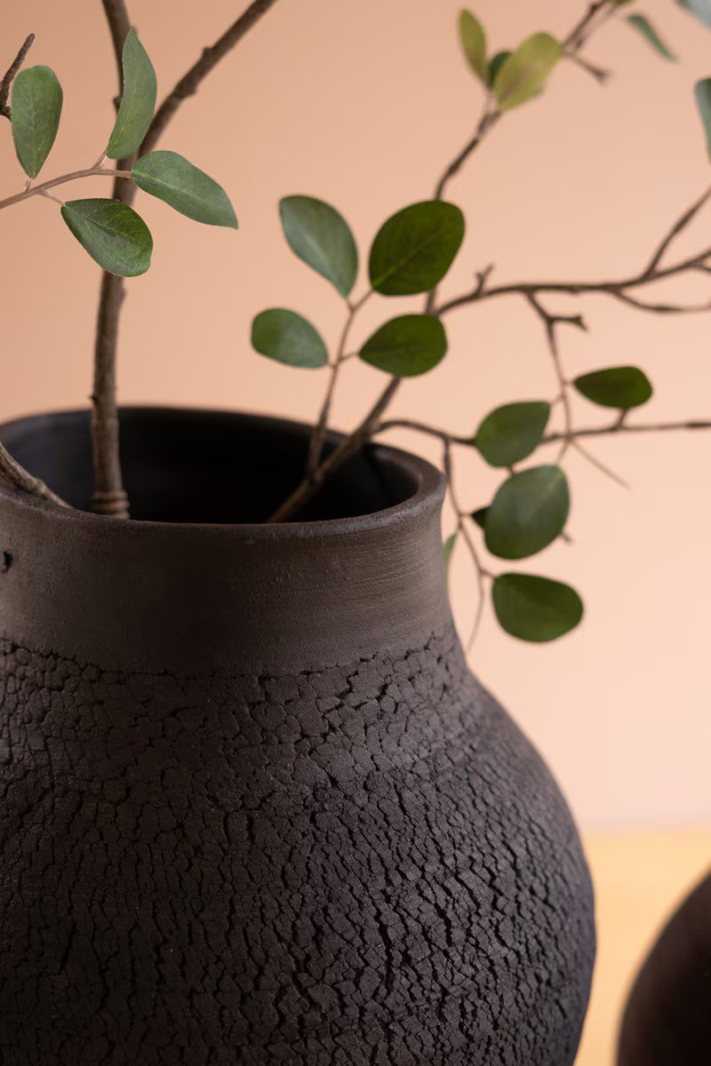 Set of 2 Black Clay Vases with Crackle Detail