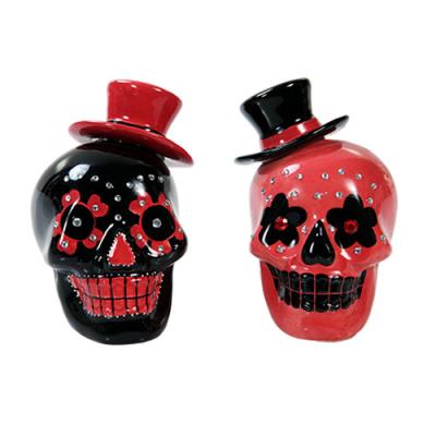 Day of Dead Sugar Black & Red Skulls Salt & Pepper Shakers Set