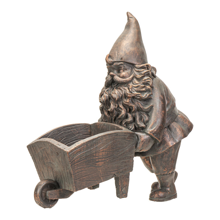 Bronze Gnome With Wheelbarrow Planter