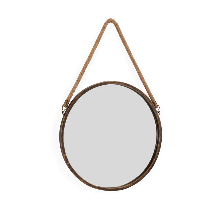15" Antique Gold Patina Round Mirror with Hanging Rope