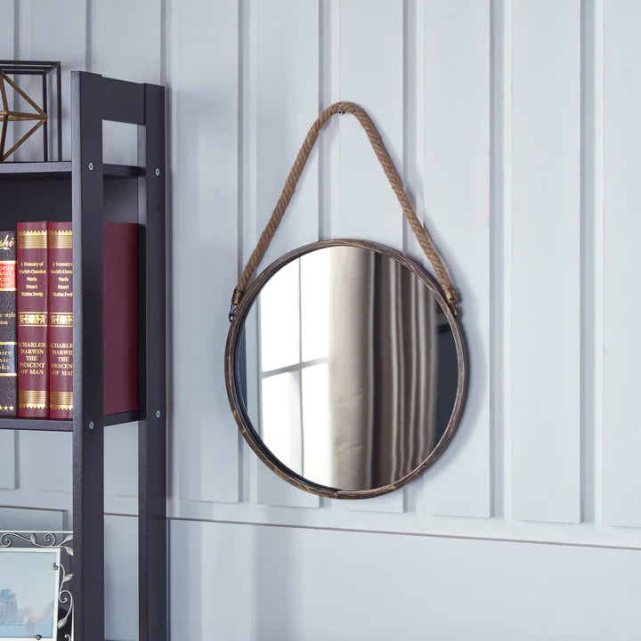 15" Antique Gold Patina Round Mirror with Hanging Rope