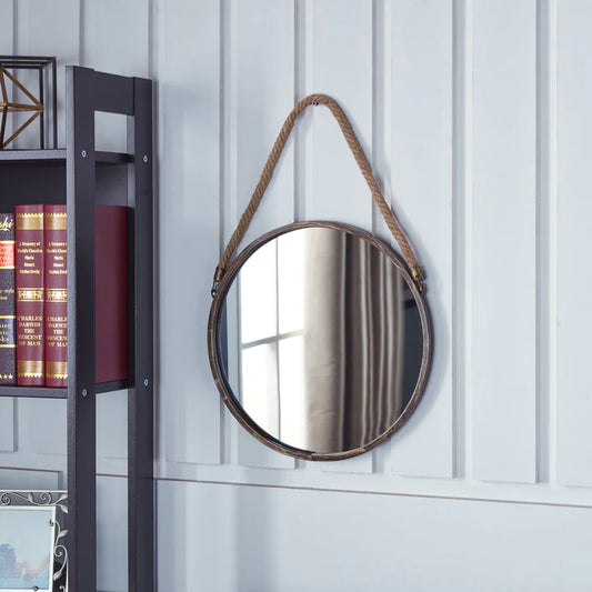 15" Antique Gold Patina Round Mirror with Hanging Rope