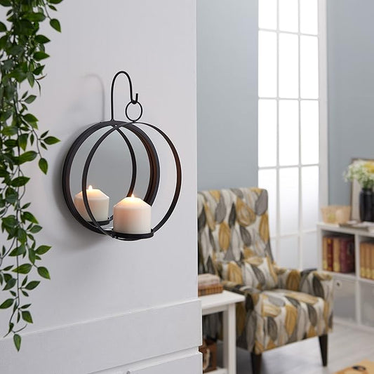Round Wrought Iron Pillar Candle Sconce with Mirror – Rustic Metal Hanging Wall Candleholder