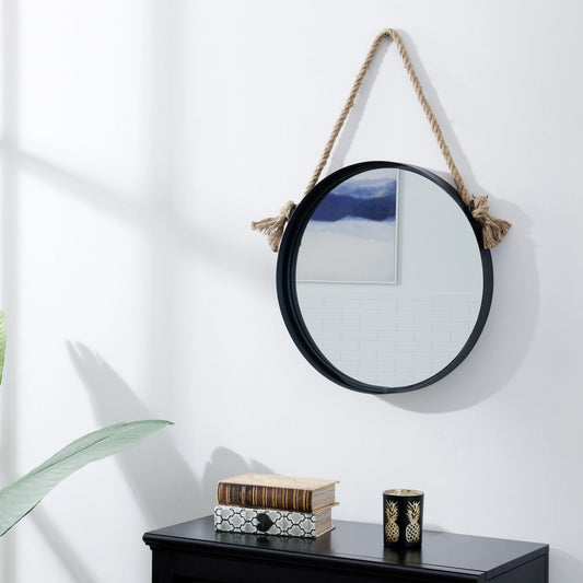 18 in Black Iron Framed Round Accent Mirror With Hanging Rope