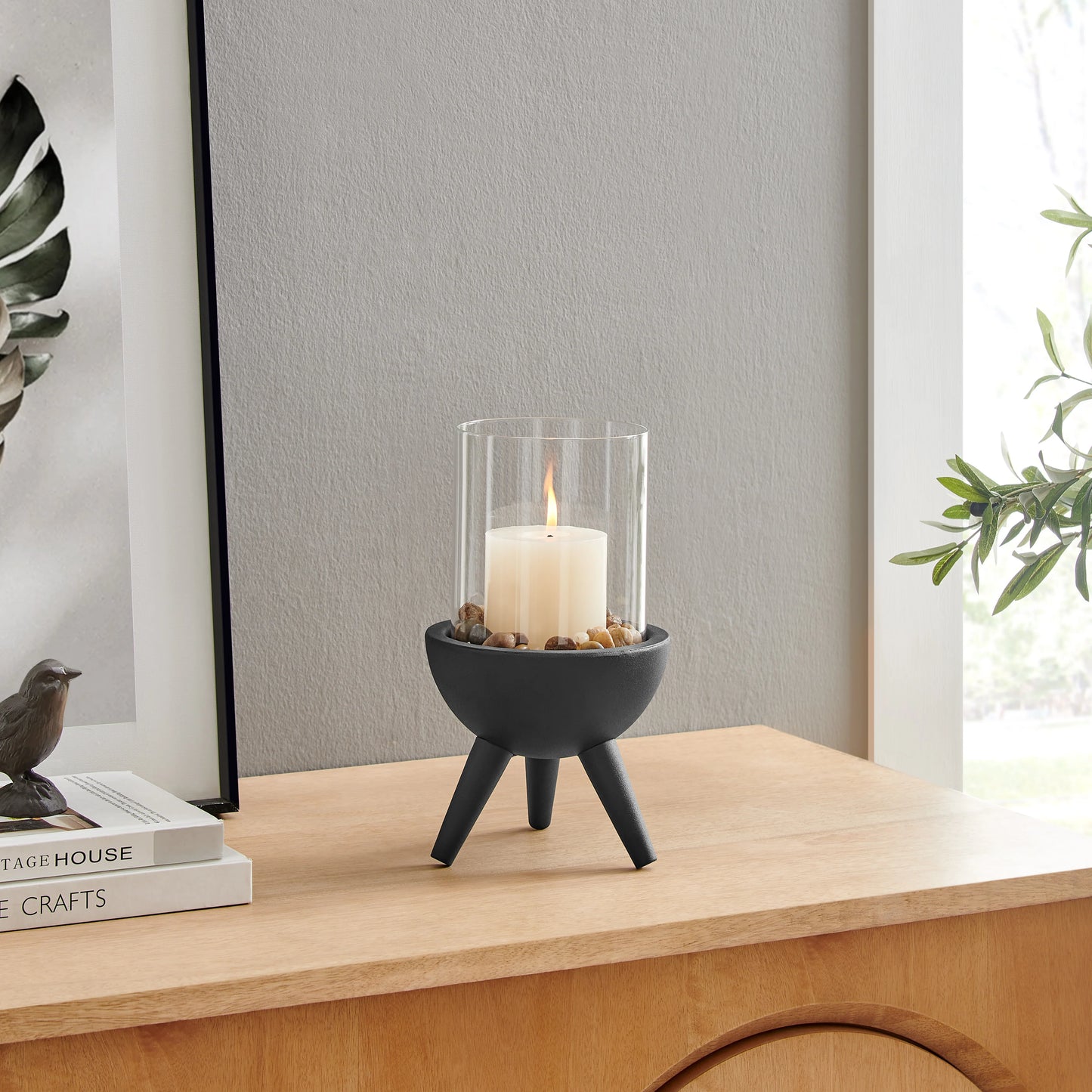 Molta Modern Black Metal Bold Pedestal and Glass Pillar Votive Candle Holder