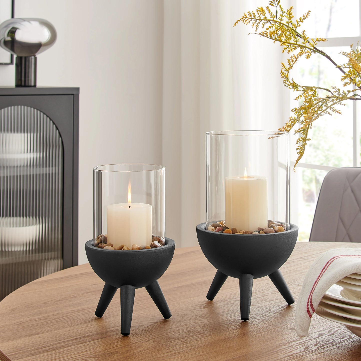 Molta Modern Black Metal Bold Pedestal and Glass Pillar Votive Candle Holder