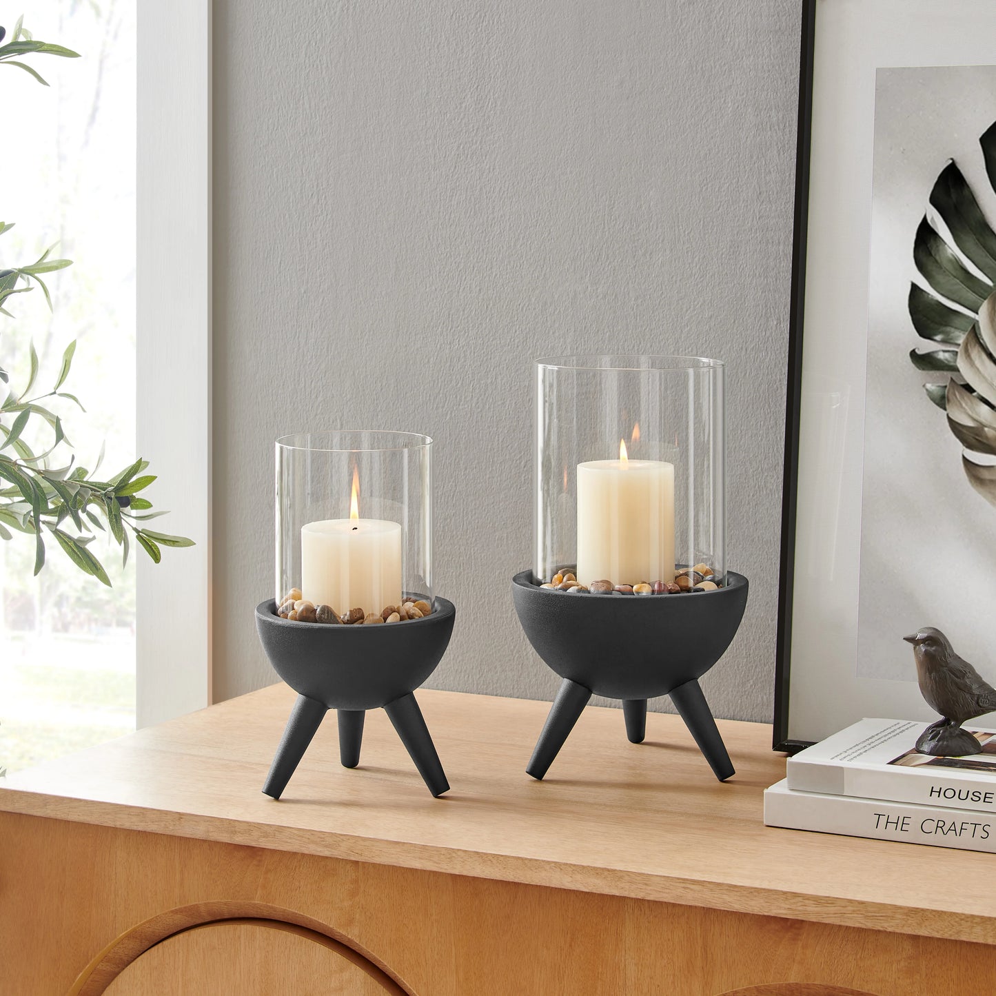 Molta Modern Black Metal Bold Pedestal and Glass Pillar Votive Candle Holder