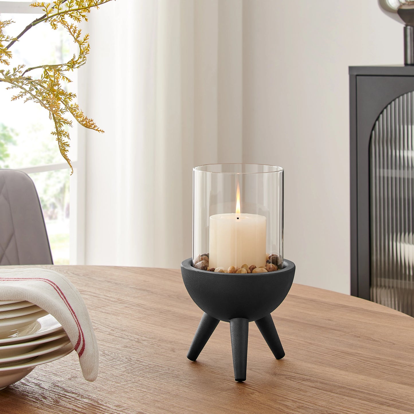 Molta Modern Black Metal Bold Pedestal and Glass Pillar Votive Candle Holder