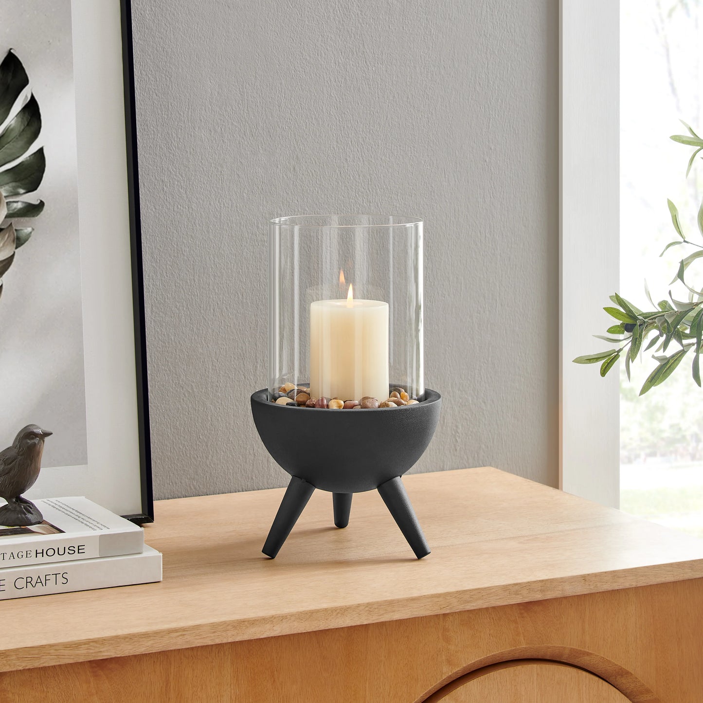 Molta Modern Black Metal Bold Pedestal and Glass Pillar Votive Candle Holder
