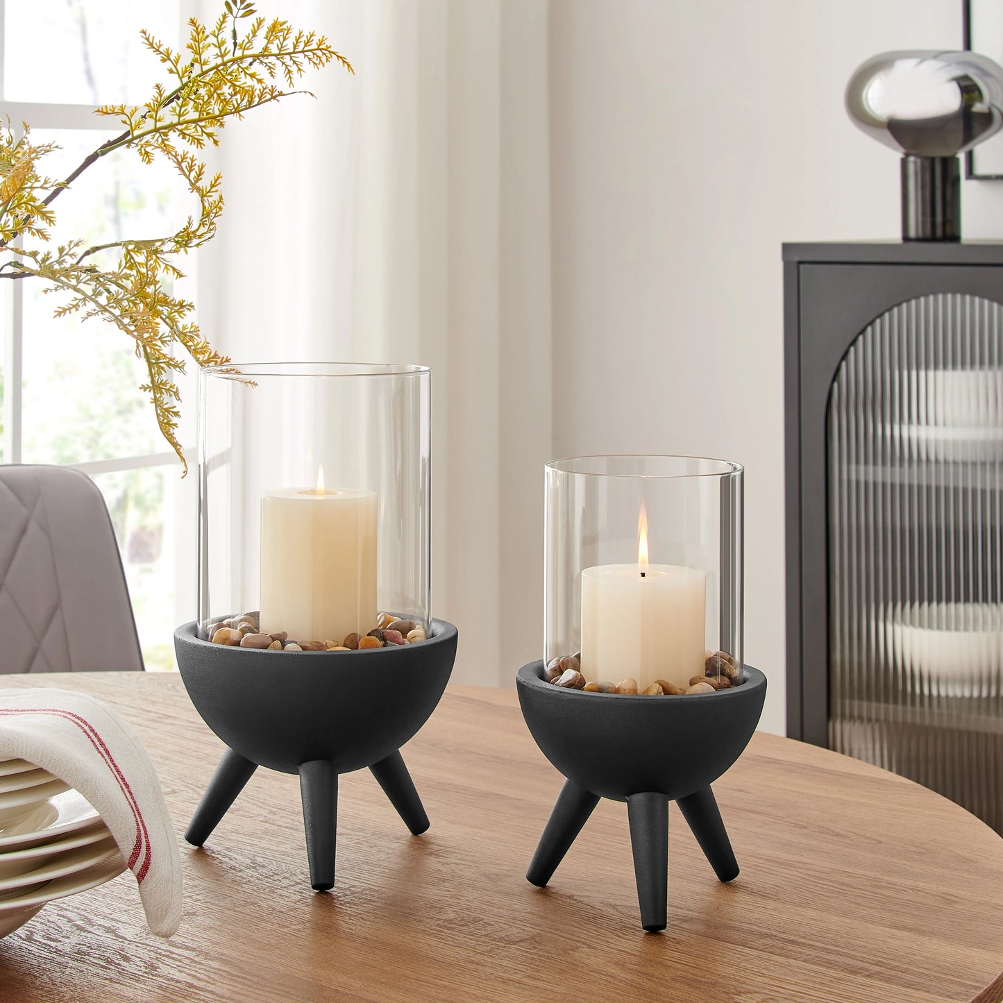 Molta Modern Black Metal Bold Pedestal and Glass Pillar Votive Candle Holder