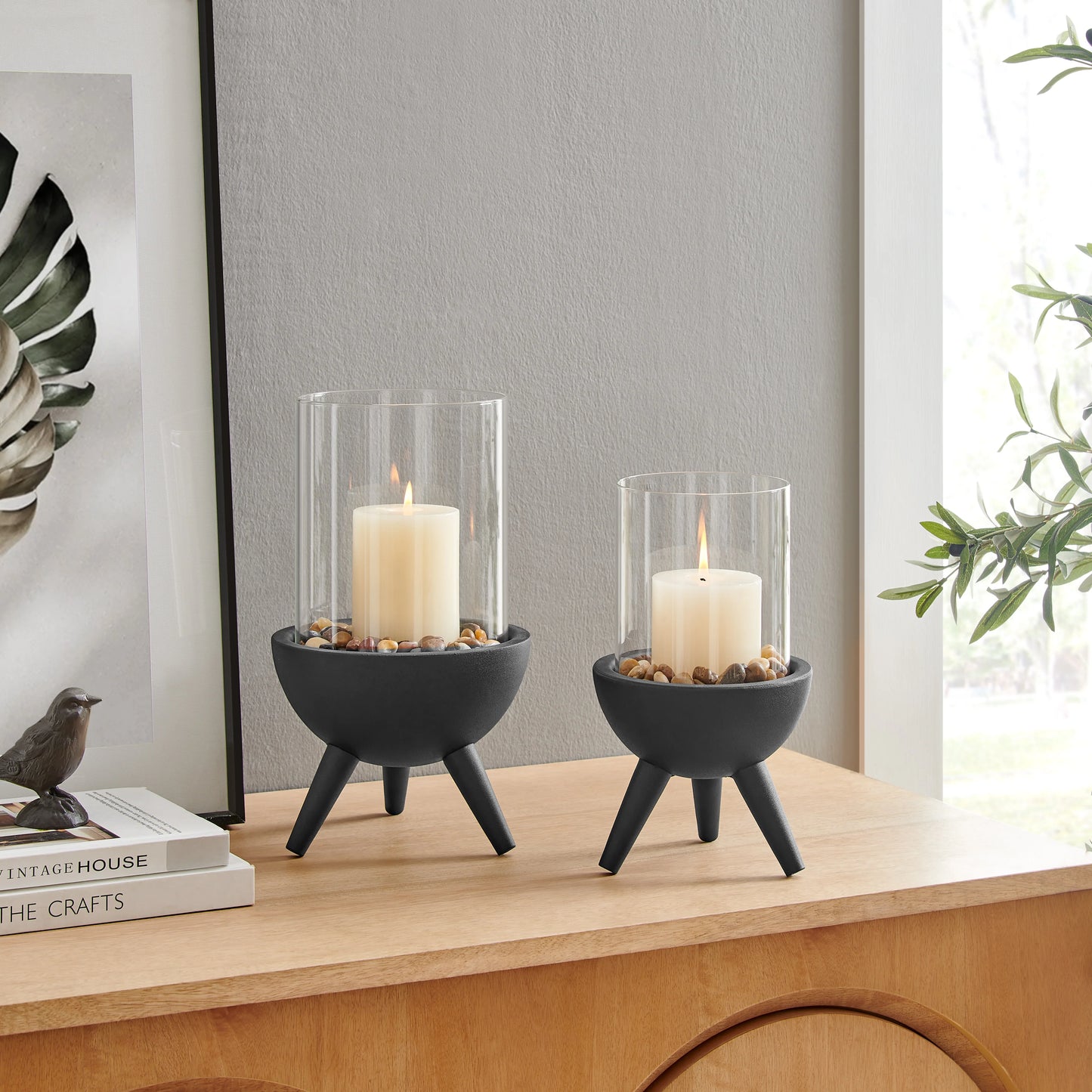 Molta Modern Black Metal Bold Pedestal and Glass Pillar Votive Candle Holder
