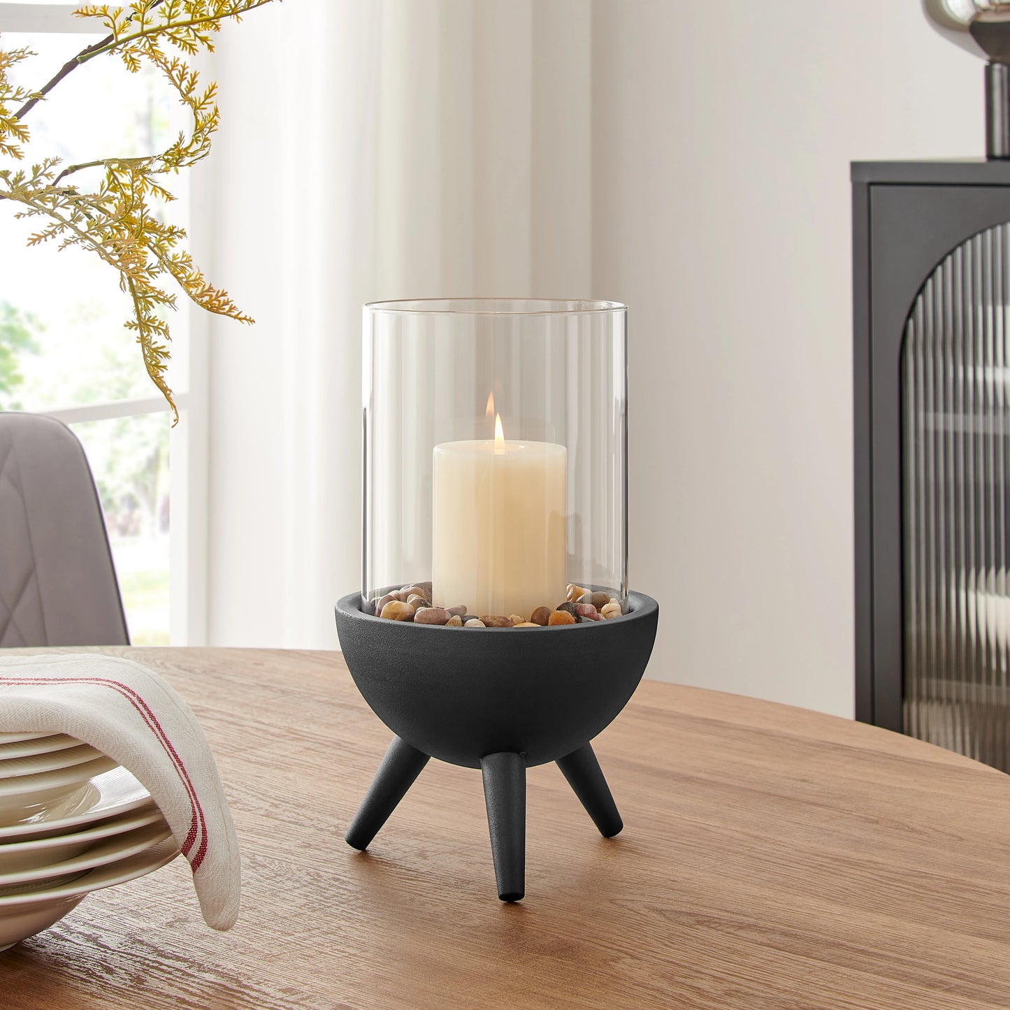 Molta Modern Black Metal Bold Pedestal and Glass Pillar Votive Candle Holder