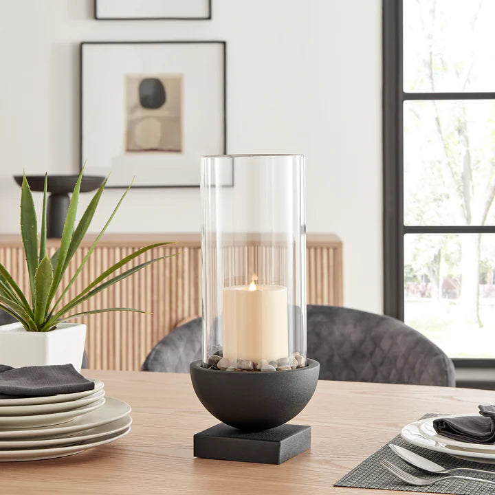 Modern Black Metal Bold Pedestal and Glass Votive Candle Holder