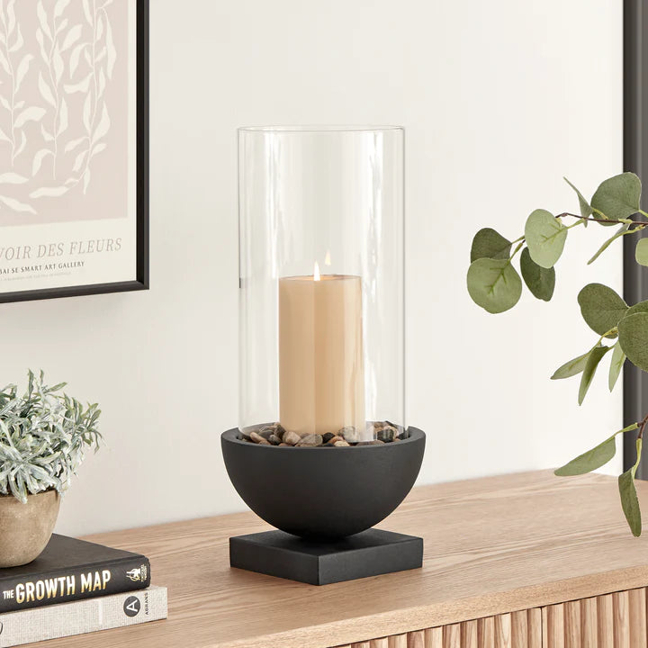 Modern Black Metal Bold Pedestal and Glass Votive Candle Holder