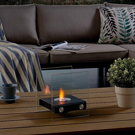 Danya B. Square Tabletop Smokeless Fireplace With Clear Glass Panels For Indoor / Outdoor Use
