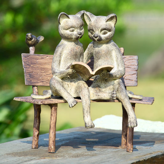 Reading Cats On Bench Garden Sculpture