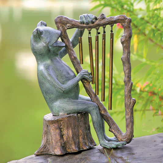 Frog And Harp Tube Wind Chime Garden Sculpture