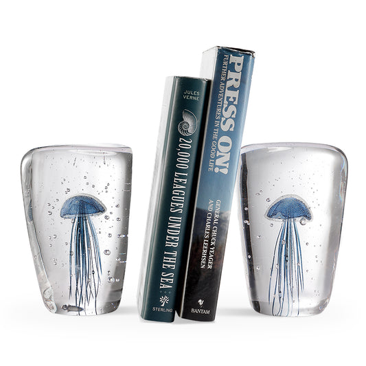 Art Glass Blue Jellyfish Wedge Bookends