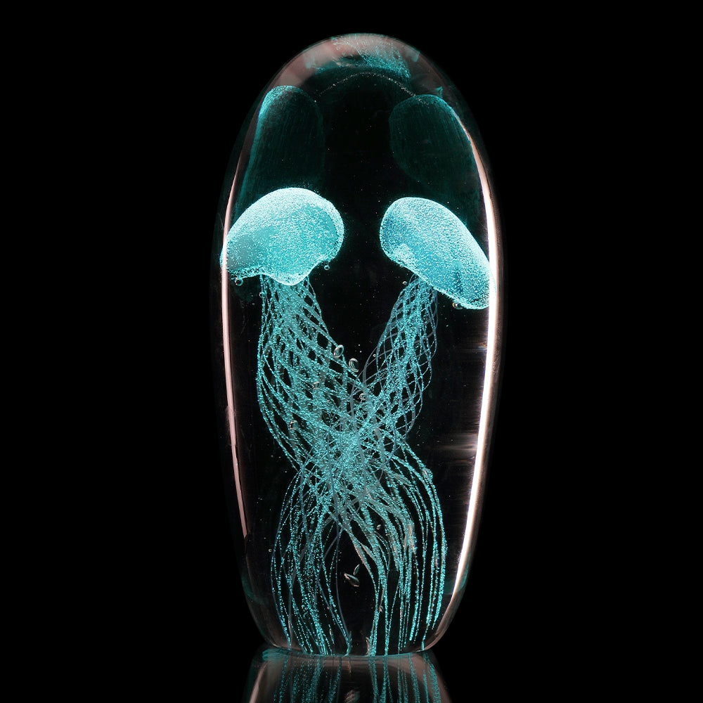 Art Glass Shades Of Blue Jellyfish Pair glow In The dark