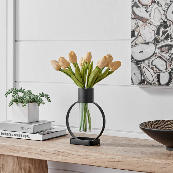 Jacob Modern Black Metal Open Circle Pedestal Clear Glass Tabletop Vase