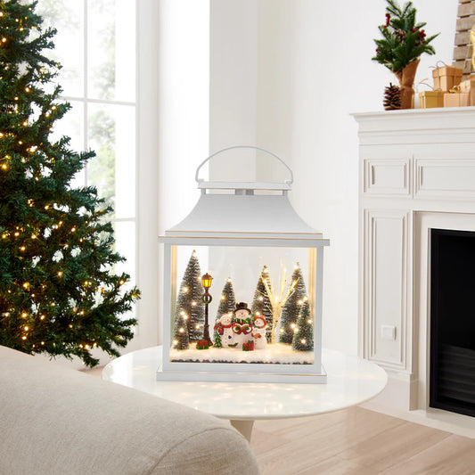 Tabletop White Christmas Holiday Winter Scene Diorama Lighted Lantern Decoration - Rectangle