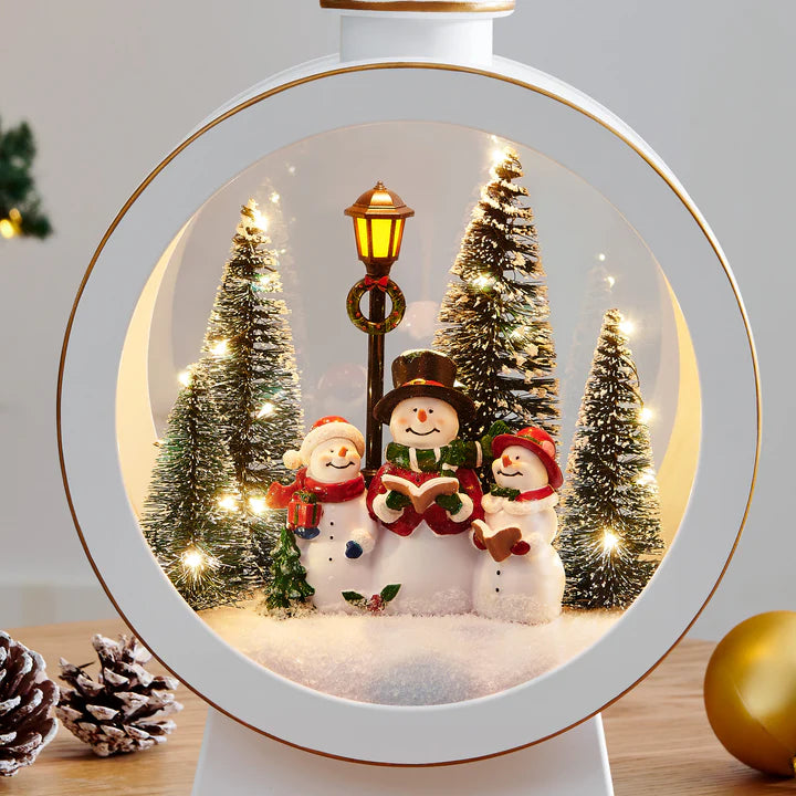Tabletop White Christmas Holiday Winter Snowman Scene Diorama Lighted Lantern Decoration - Oval
