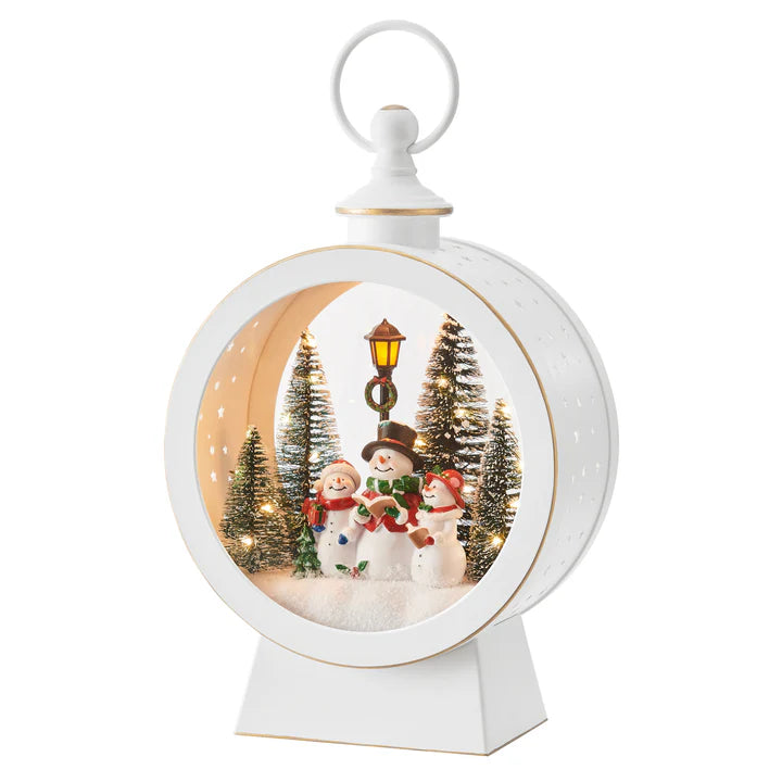 Tabletop White Christmas Holiday Winter Snowman Scene Diorama Lighted Lantern Decoration - Oval