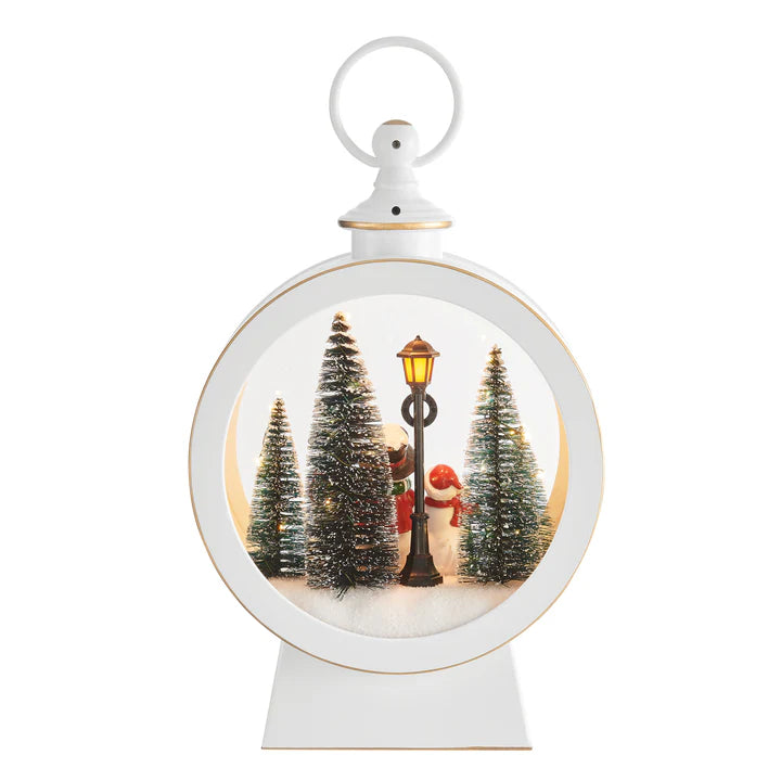 Tabletop White Christmas Holiday Winter Snowman Scene Diorama Lighted Lantern Decoration - Oval