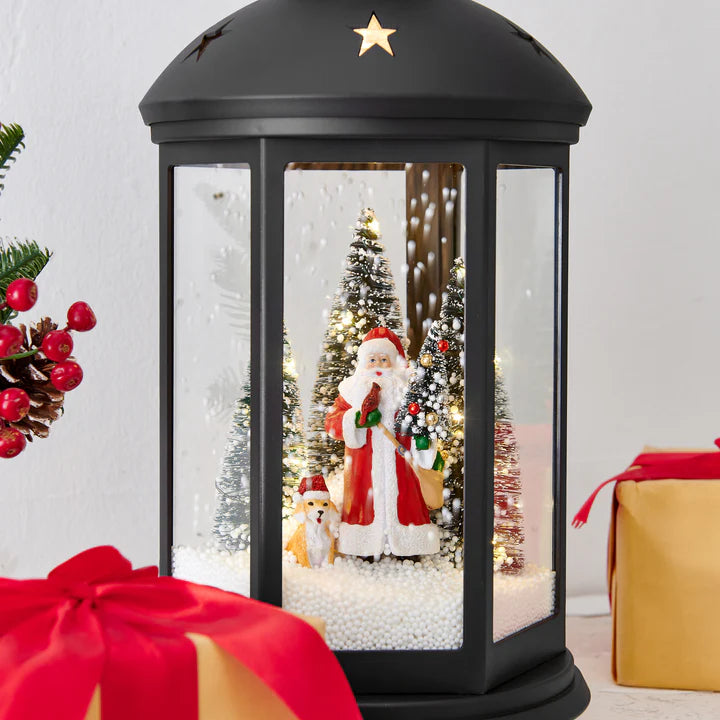 Tabletop Christmas Holiday Winter Scene Falling Snow Musical Snow Globe Diorama Lit Lantern Decoration - Black