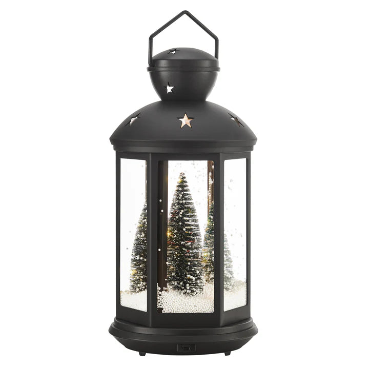 Tabletop Christmas Holiday Winter Scene Falling Snow Musical Snow Globe Diorama Lit Lantern Decoration - Black