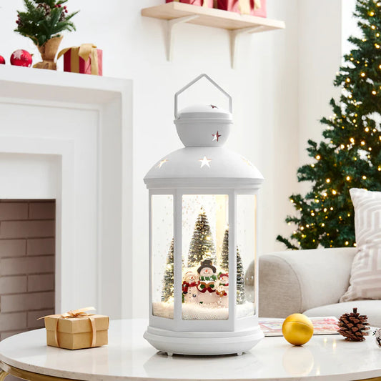 Tabletop Christmas Holiday Winter Scene Falling Snow Musical Snow Globe Diorama Lit Lantern Decoration