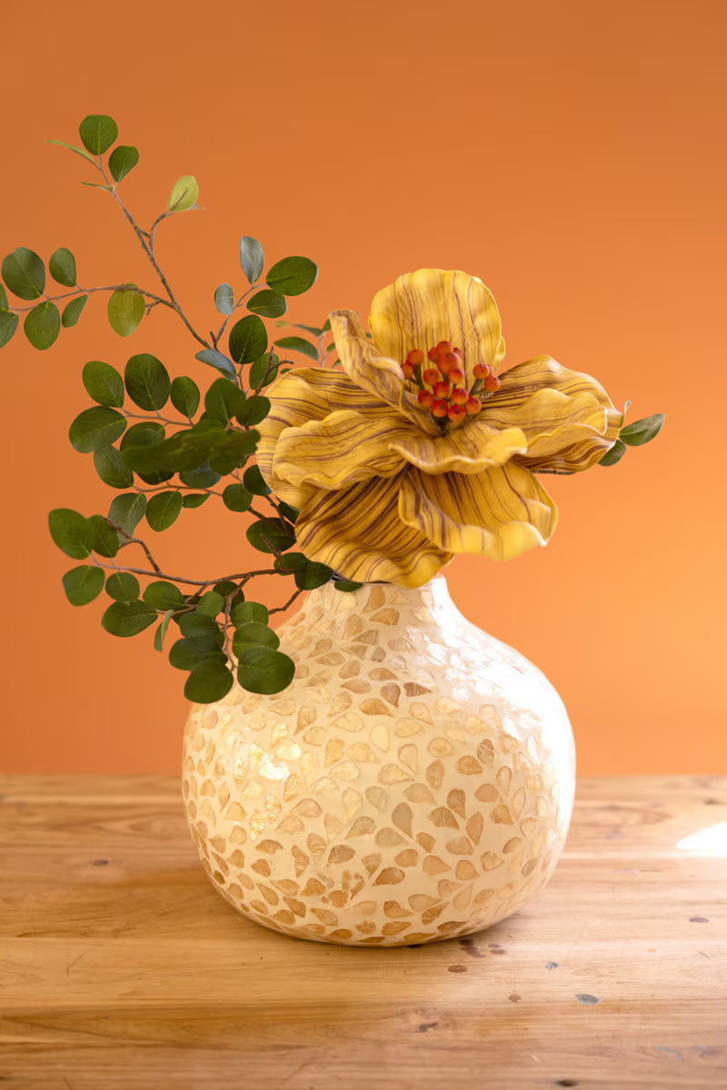 Short Spun Bamboo Vase with Neutral Capiz Shell Detail