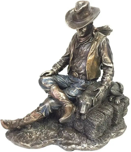 Cowboy And Dog Napping On A Bale Of Hay Cold Cast Bronze