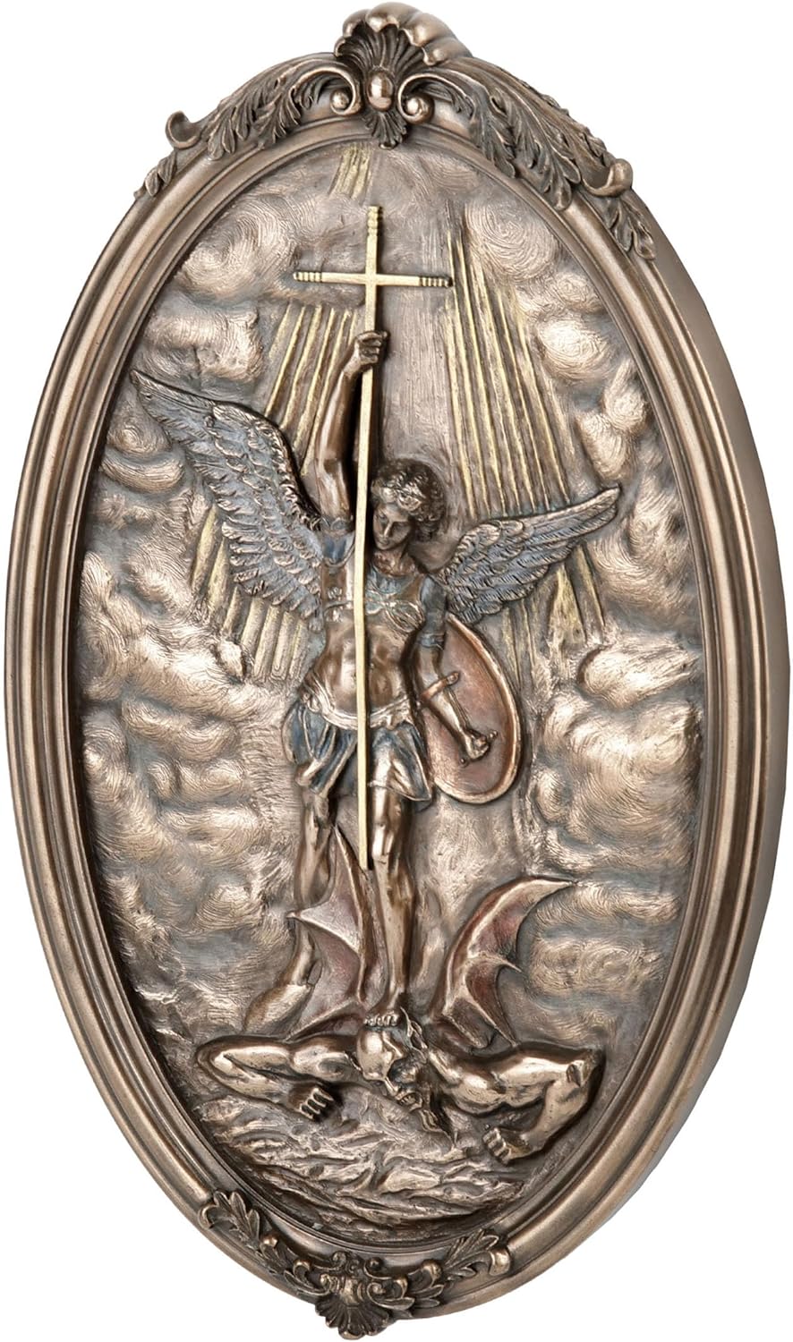 Saint Michael Tramples Demon Holding Crucifix Oval Wall Plaque
