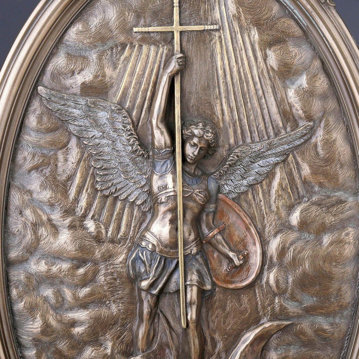 Saint Michael Tramples Demon Holding Crucifix Oval Wall Plaque