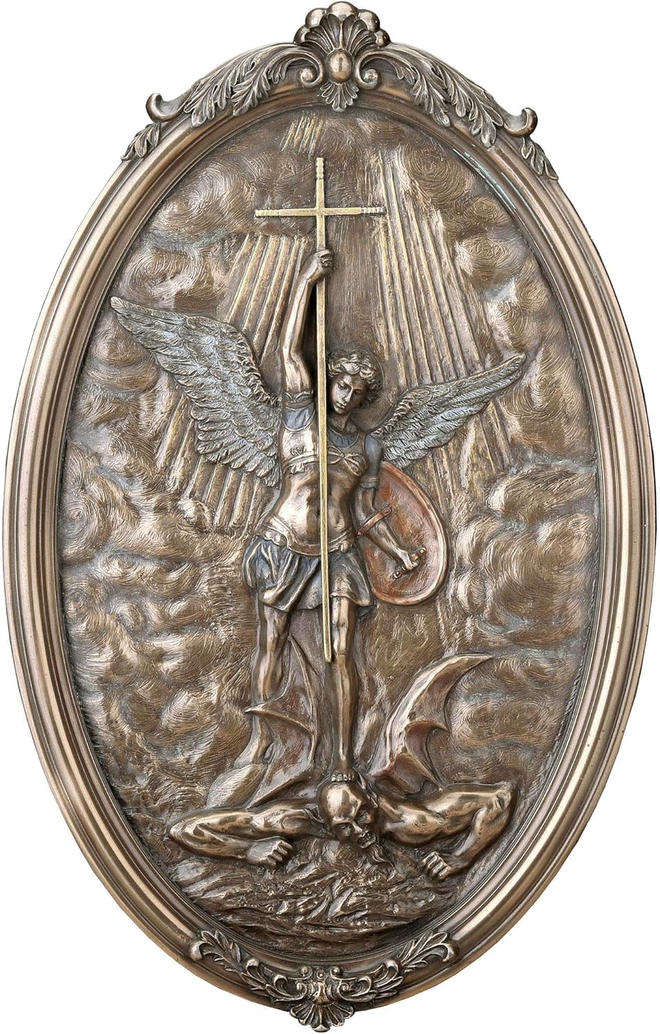 Saint Michael Tramples Demon Holding Crucifix Oval Wall Plaque