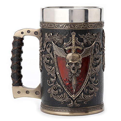 Bronze Winged Sword & Shield Skull Crest Beer Stein Stainless Steel Tumbler
