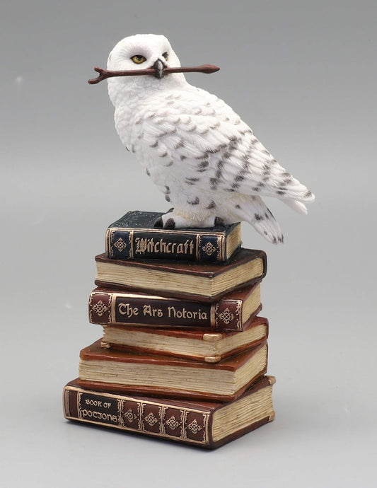 Magic Wand Snowy Owl On Book Stack Statue