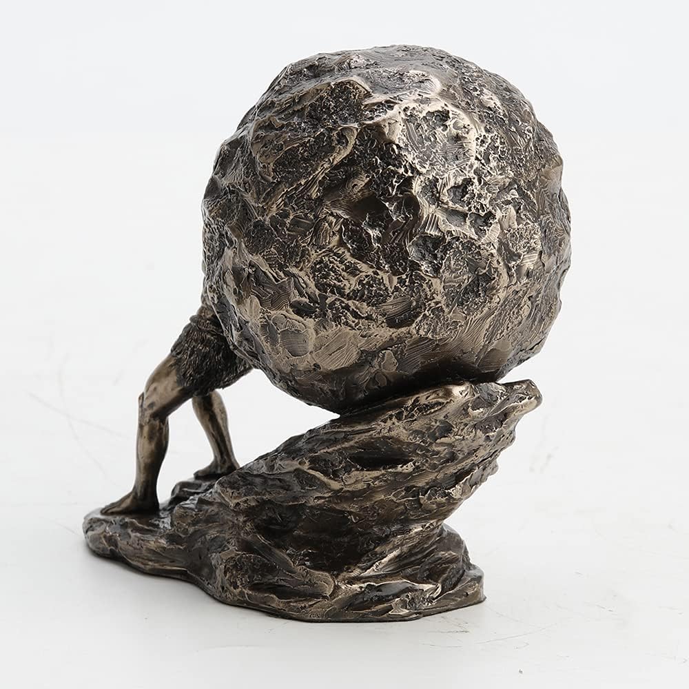 Tall Sisyphus Rolling The Boulder Cold Cast Bronzed Resin Greek Roman Sculpture