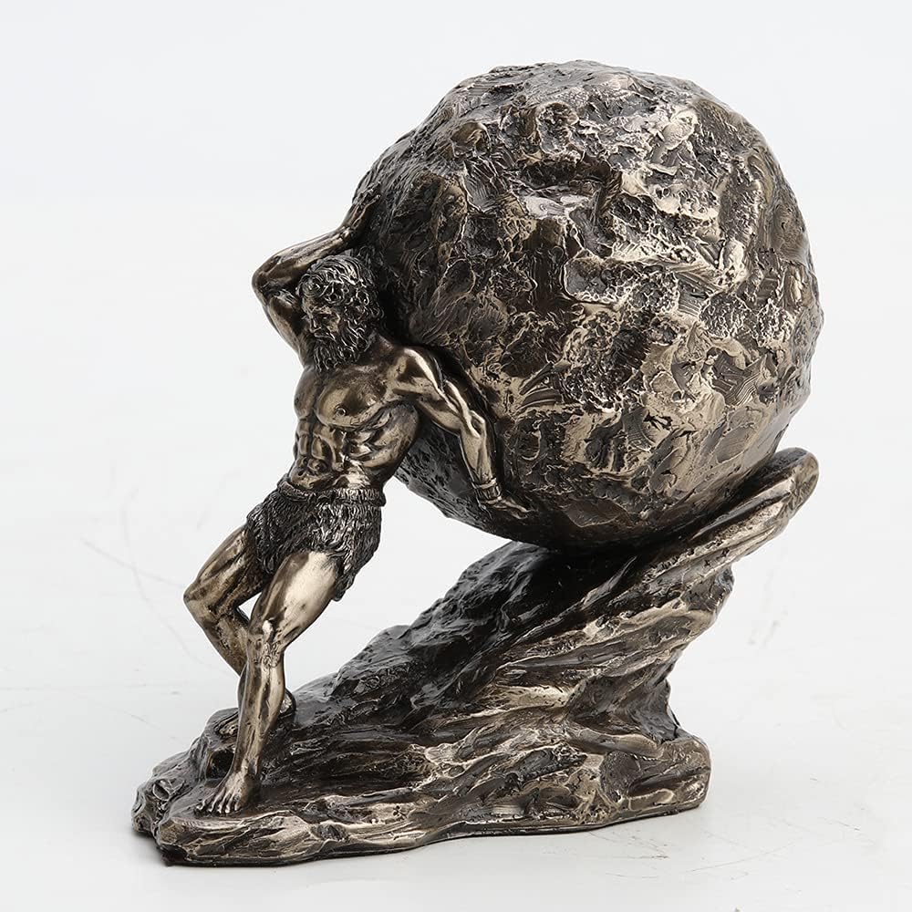 Tall Sisyphus Rolling The Boulder Cold Cast Bronzed Resin Greek Roman Sculpture