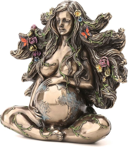 Sitting Pregnant Mother Gaia With Butterflies Bronze Finish Sculpture