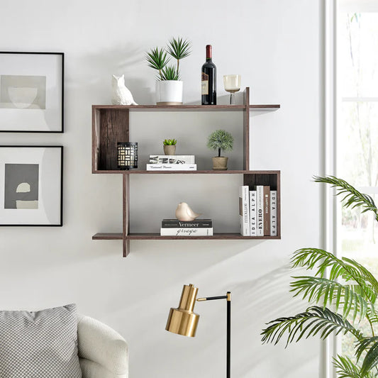 Manasa Floating Geometric Kilter Two-Tier Wall Shelf - Hickory