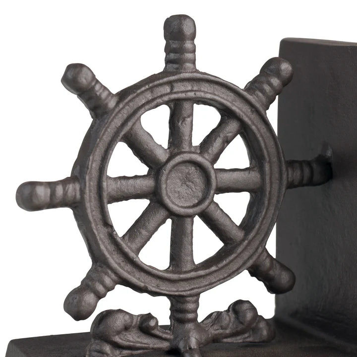 Nautical Anchor And Ship's Wheel Iron Bookend Set